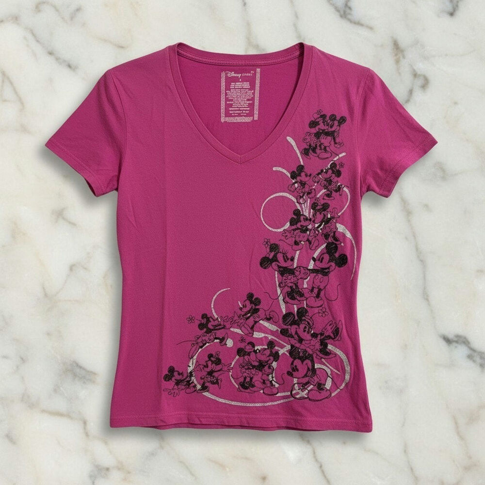 Disney Store Mickey Minnie Mouse Pink Graphic V-Neck T-Shirt Size L